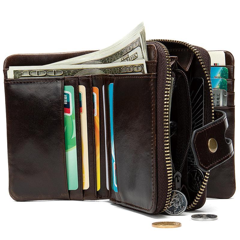 Genuine Leather Retro Multiple Compartment Card Slot Zip Closure Mini Wallet