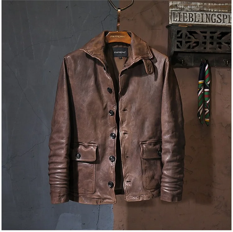 Luxury quality natural tanned sheepskin jacket.Vintage Brown genuine leather coat.fashion leather cloth