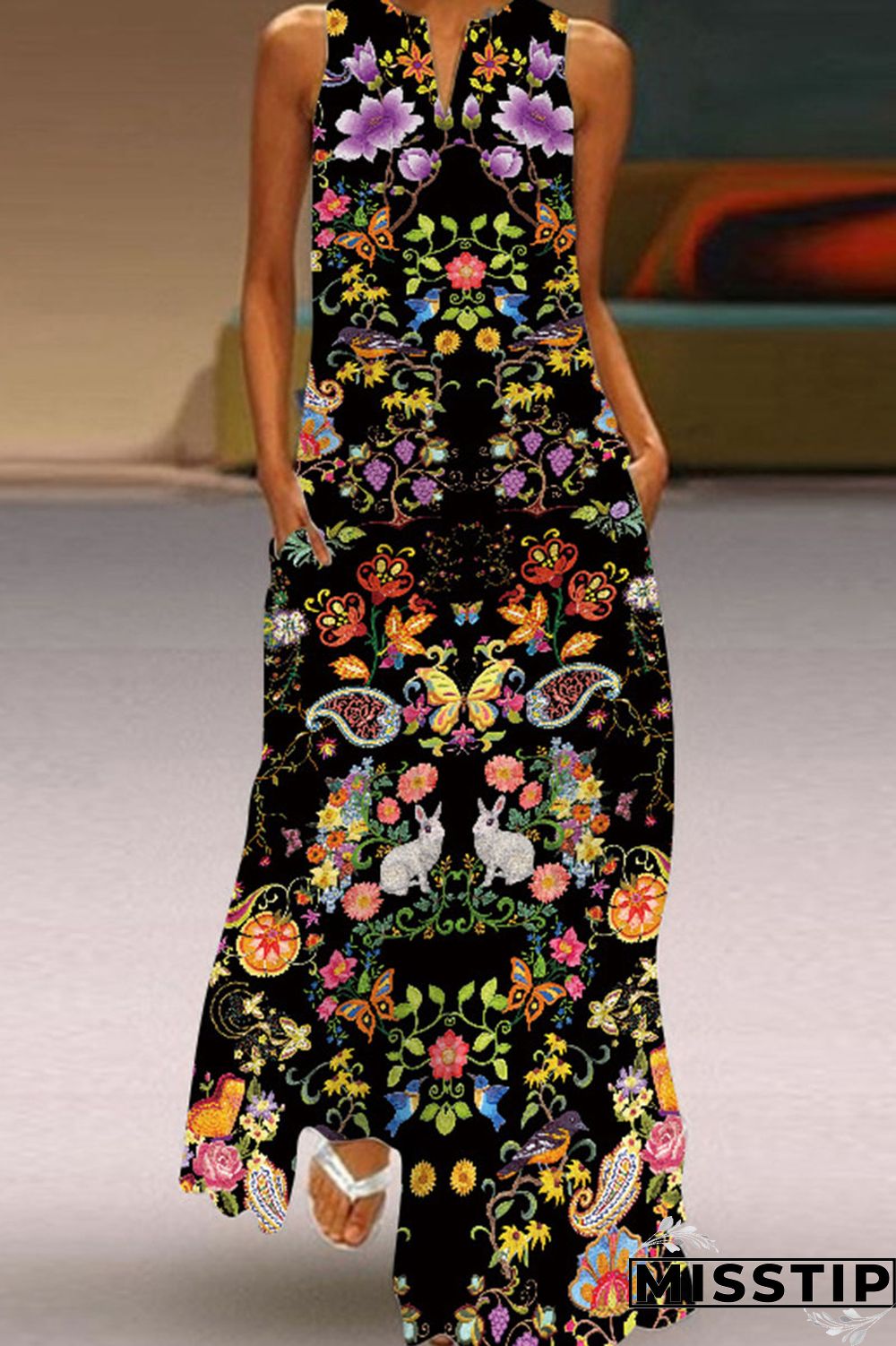 Black Casual Elegant Print Patchwork V Neck Straight Dresses