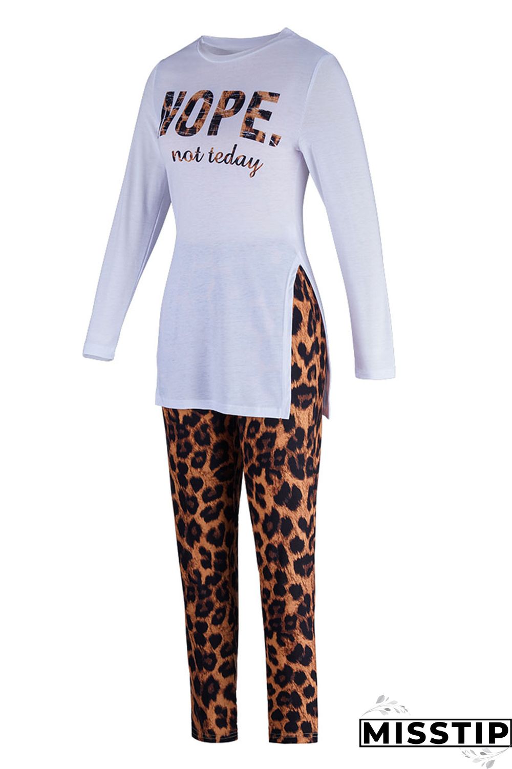 Black Casual Letter Print Patchwork Slit O Neck Long Sleeve Two Pieces