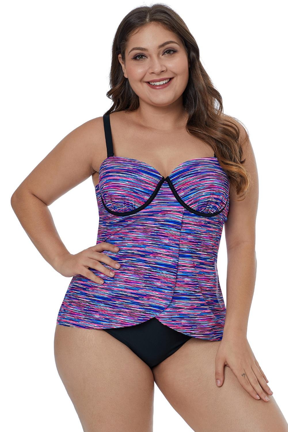 Buzzdaisy Purplish Fuzzy Striped Flyaway Tankini Top