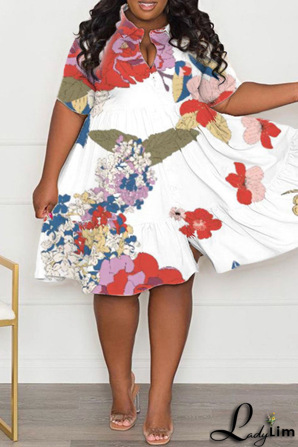 Purple Casual Print Patchwork Fold Turndown Collar A Line Plus Size Dresses