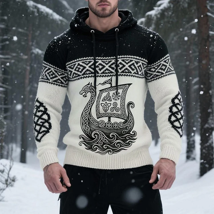 Men's Viking Inspired Celtic Cozy Knit Hooded Sweater