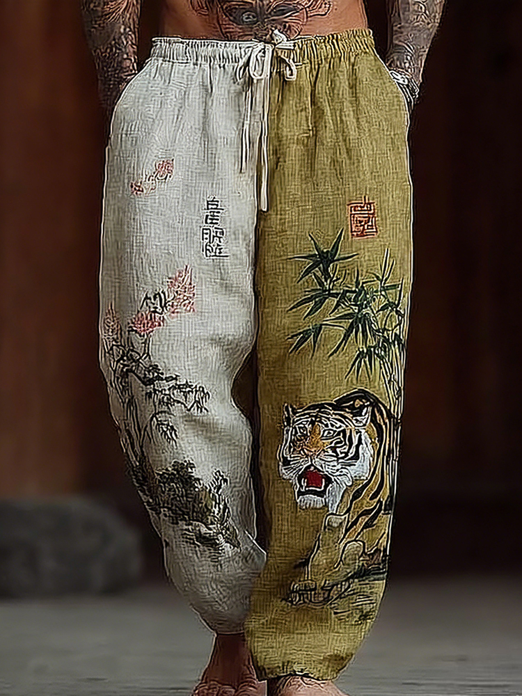 Men's Vintage Japanese Tiger Art Cozy Linen Pants  artssus