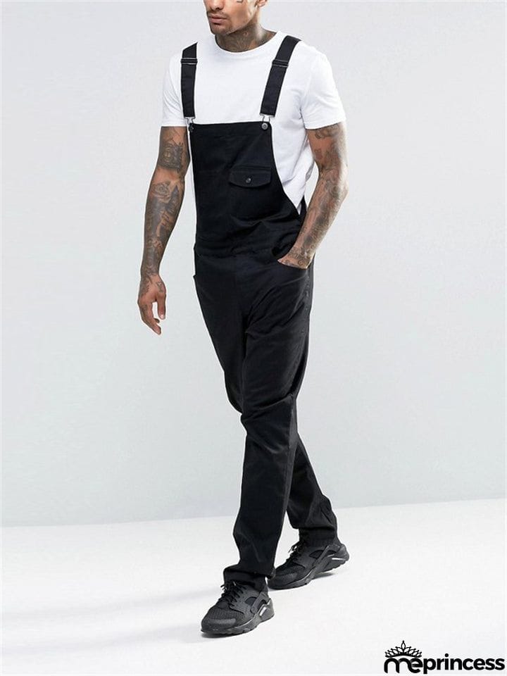 Men's Slim Trendy Solid Color Denim Overalls Jumpsuits