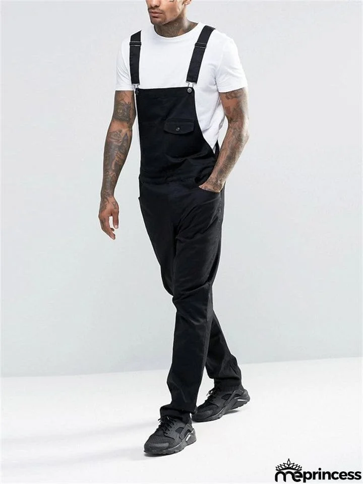 Men's Slim Trendy Solid Color Denim Overalls Jumpsuits