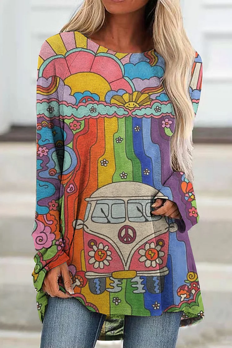🔥kukelife🔥Hippie Peace Bus Car Rainbow Print Tunic