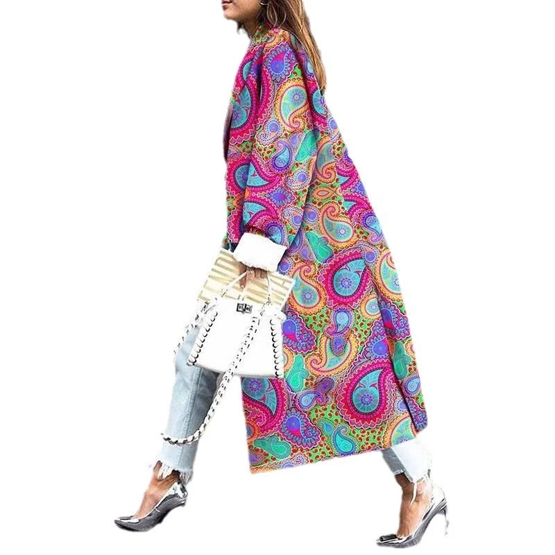 Brownm Extended Double Breasted Printed Loose Trench Coats