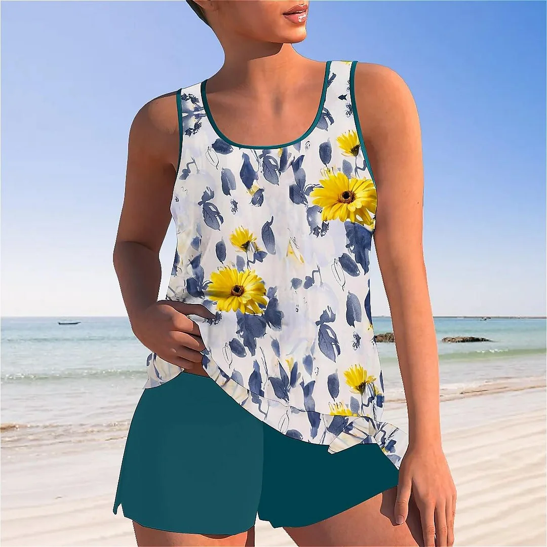 Bowknot Floral,Dark Blue,Yellow Mid Waisted Tankini Set - Plus Size Available