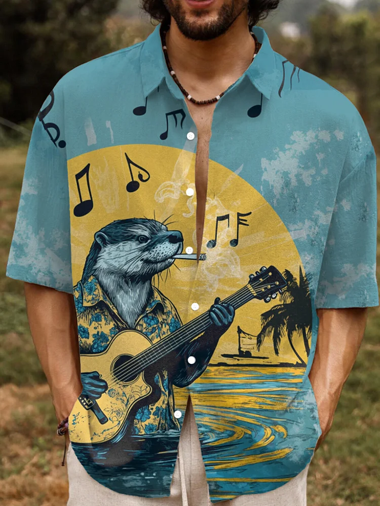 Men's Otter Playing Guitar On Vacation Art Print Casual Shirt
