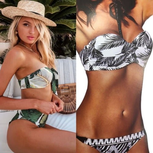 Women Leaves Print Bikini Set Push-up Padded Bra Beach Swimsuit Bathing Suit Swimwear Swimming Suit