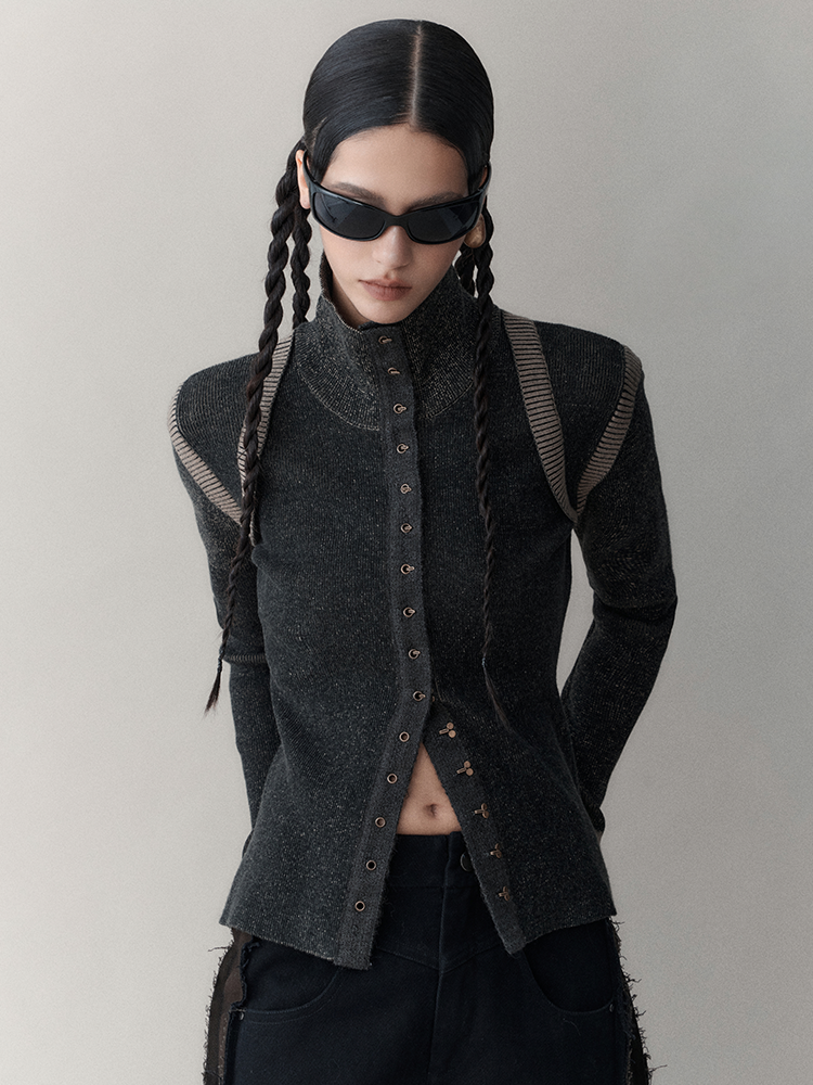 Brownm High Neck Slim Long Sleeve Knit