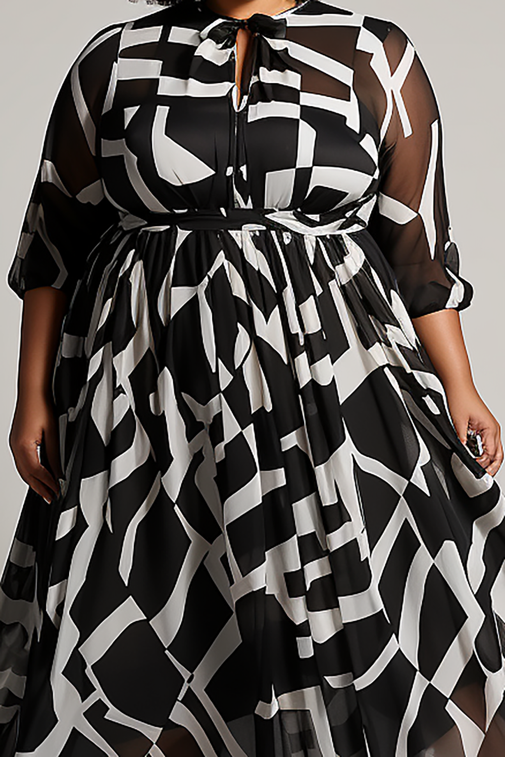 Design Plus Size Semi Formal Elegant Black All Over Print Spring Summer 3/4 Sleeve See Through Midi Dresses [Pre-Order]