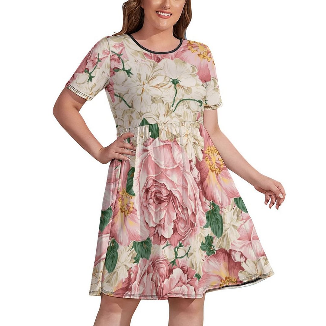 Custom Image Plus Size Floral Print Dress for Women Personalized Casual Short Sleeve Midi Dresses Custom Clothing