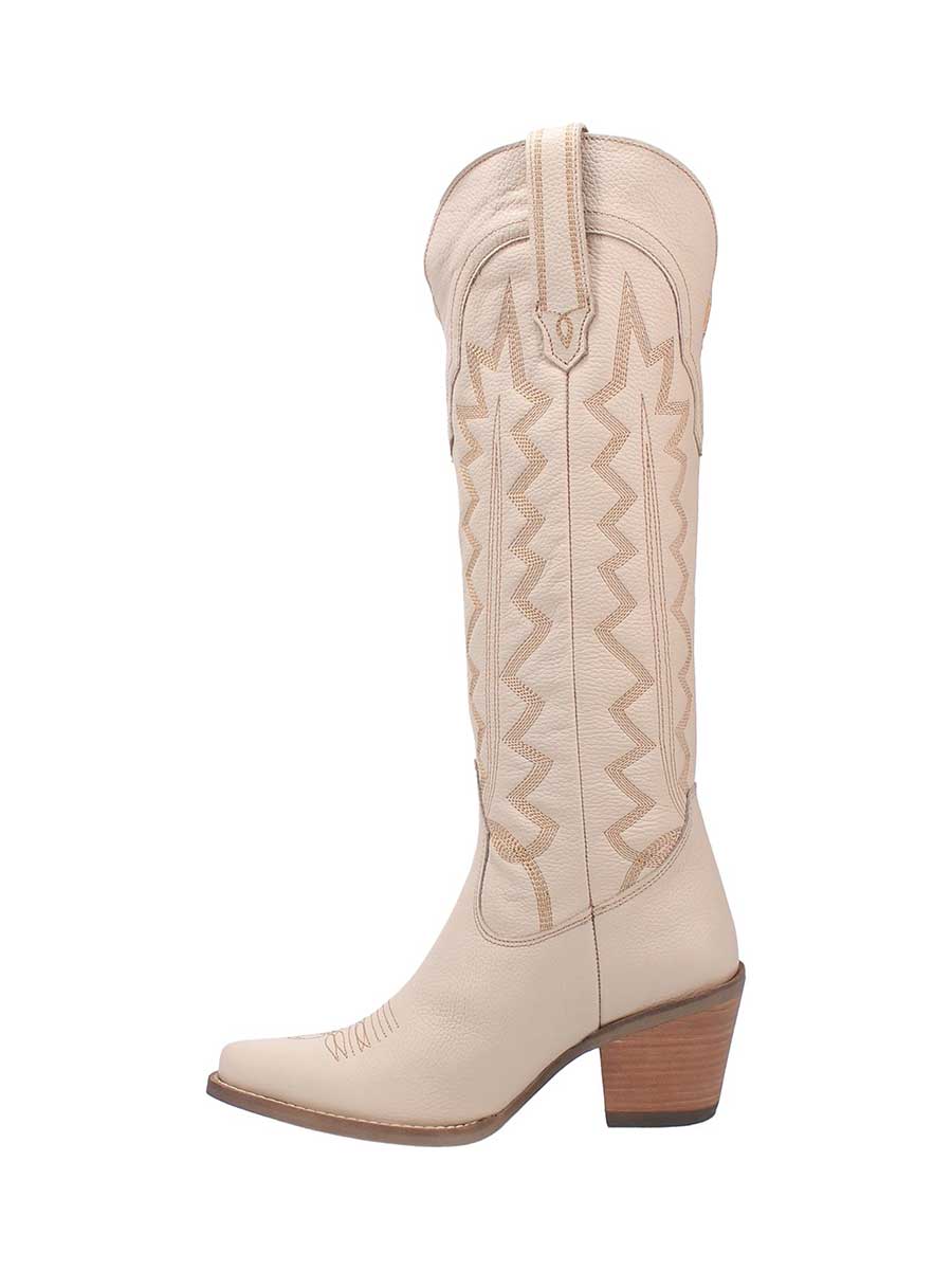 Ivory Vegan Leather Pointed Toe Embroidered Wide Calf Knee High Cowgirl Boots     