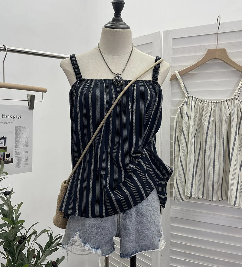 Nigikala Vintage Bumpy Striped Small Sling Vest Women's Summer Free Holiday Style Sleeveless Top 8853