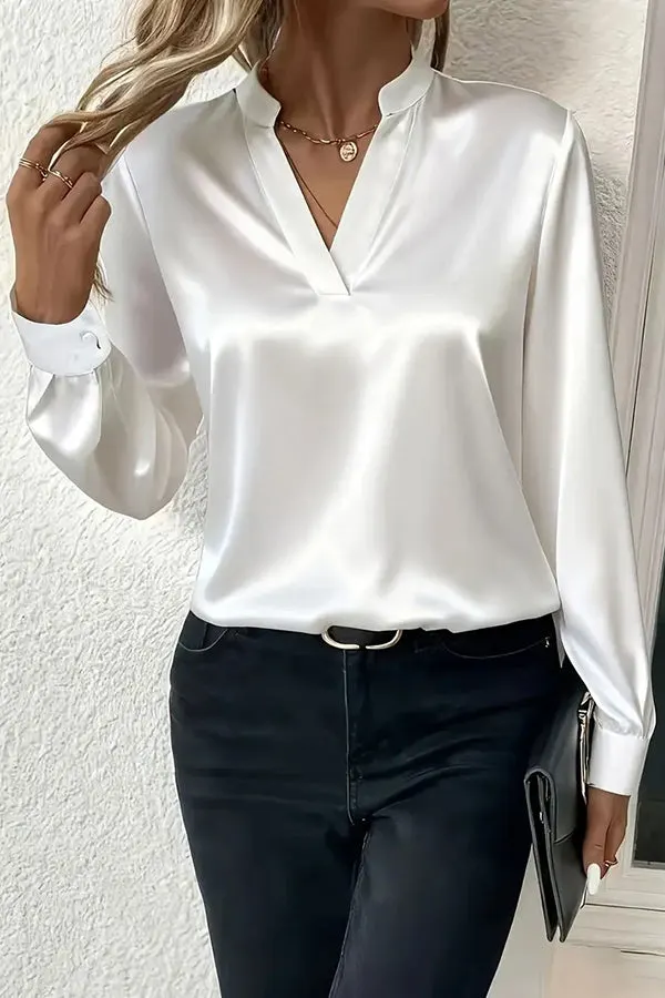 Solid Color Satin Loose V-neck Long-sleeved Casual Shirt