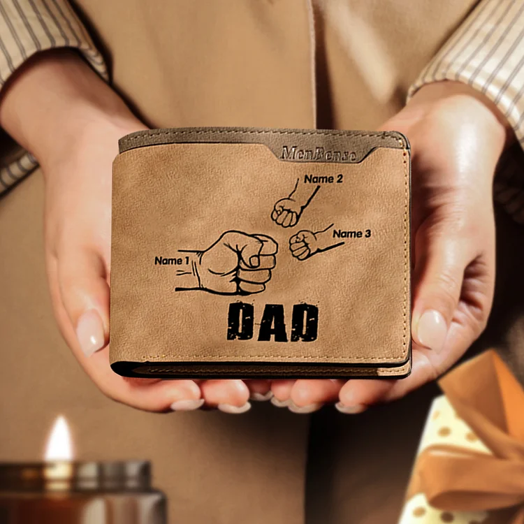 3 Names - Personalized Men Leather Wallet Custom Photo & Text & Name Folding Wallet Fist Bump Wallet Gift for Dad