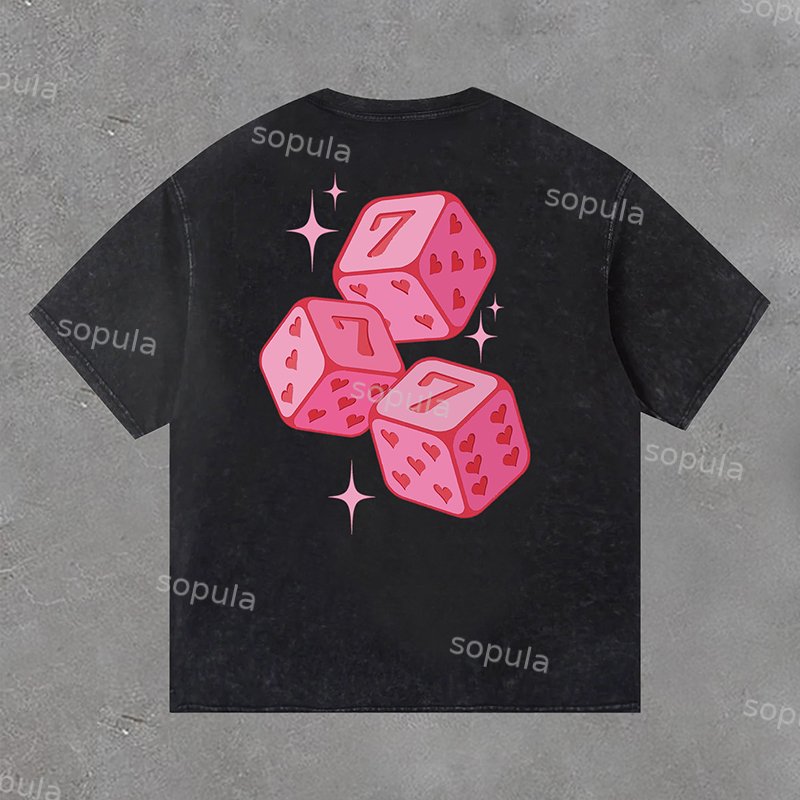 Street Vintage Pink 777 Fun Dice Print Acid Washed T-Shirt