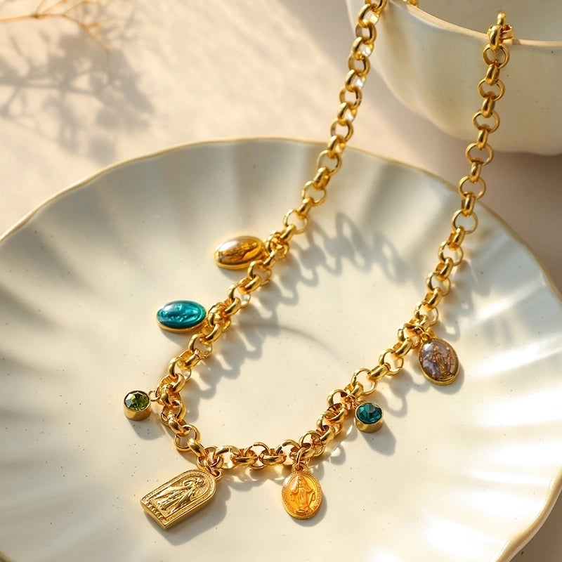 Religion Ethnic Style French Style Human 304 Stainless Steel Zircon 14K Gold Plated Enamel Inlay Multi Charms Necklace Belcher Chain