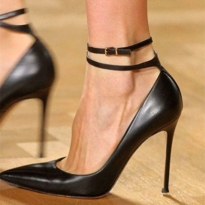 Black Vegan Sexy Heels Pointy Toe Stiletto Heel Ankle Strap Pumps |FSJ Shoes