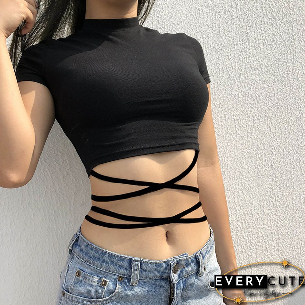 New O Neck Solid Tshirt Women Summer Cross Bandage Tee Sexy Short Sleeve Camisole Casual Tank Top Fashion Female Crop Tops Shirt