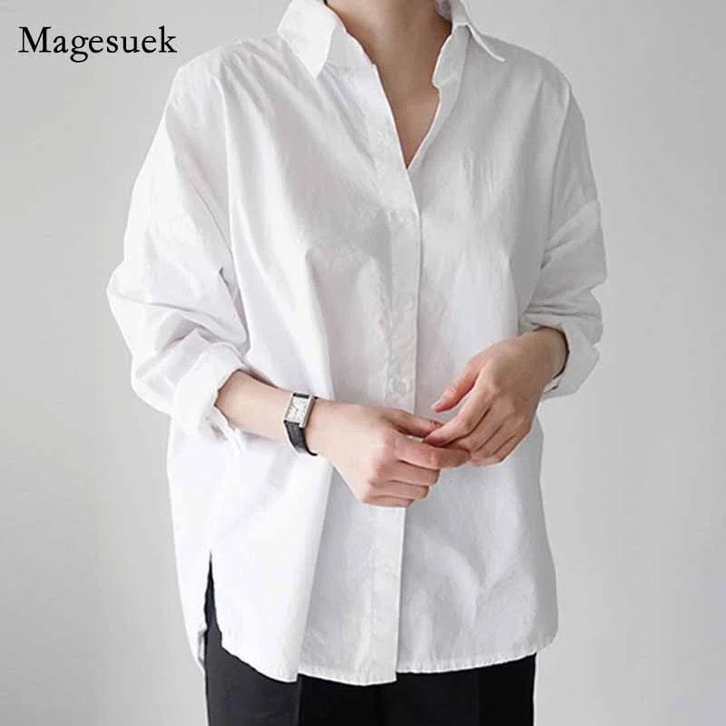 Office Lady Cotton White Blouse Women 2022 Long Sleeve Loose Women Shirts Casual Loose Button Shirt Tops Female Clothing 12650