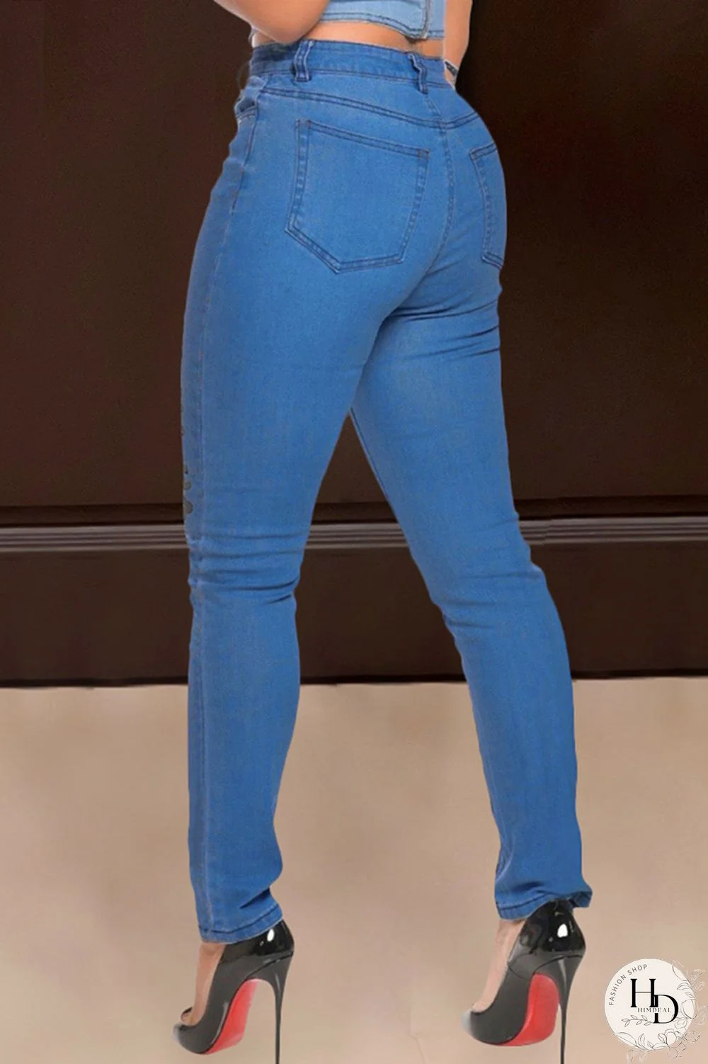 Blue Fashion Casual Letter Print Ripped High Waist Regular Denim Jeans