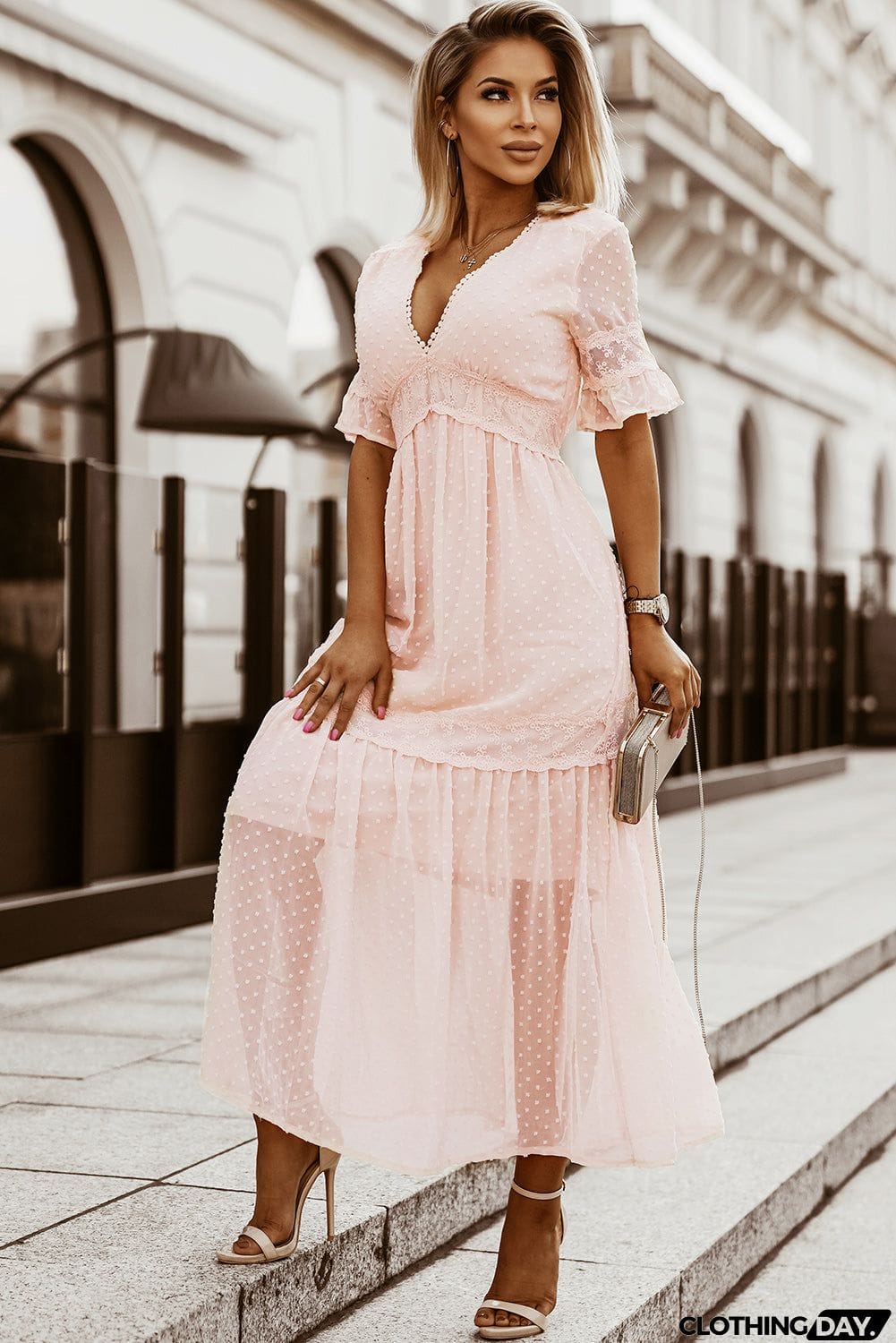 Pink Short Sleeve Boho Maxi Dress