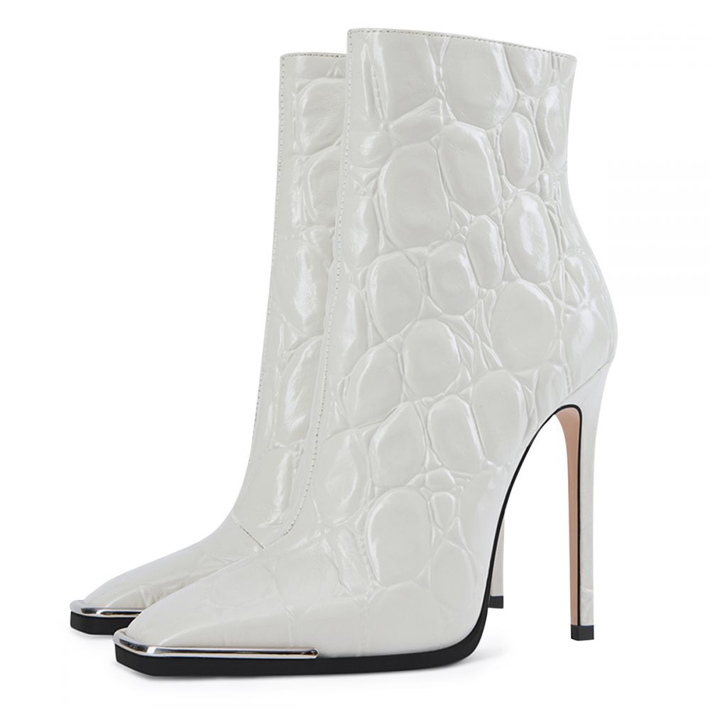 Chic White Square Toe Embossed Ankle Boots with Stiletto Heel Nicepairs