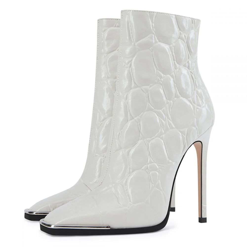White  Zipper Booties Pointy Toe Stiletto Heel Boots Nicepairs