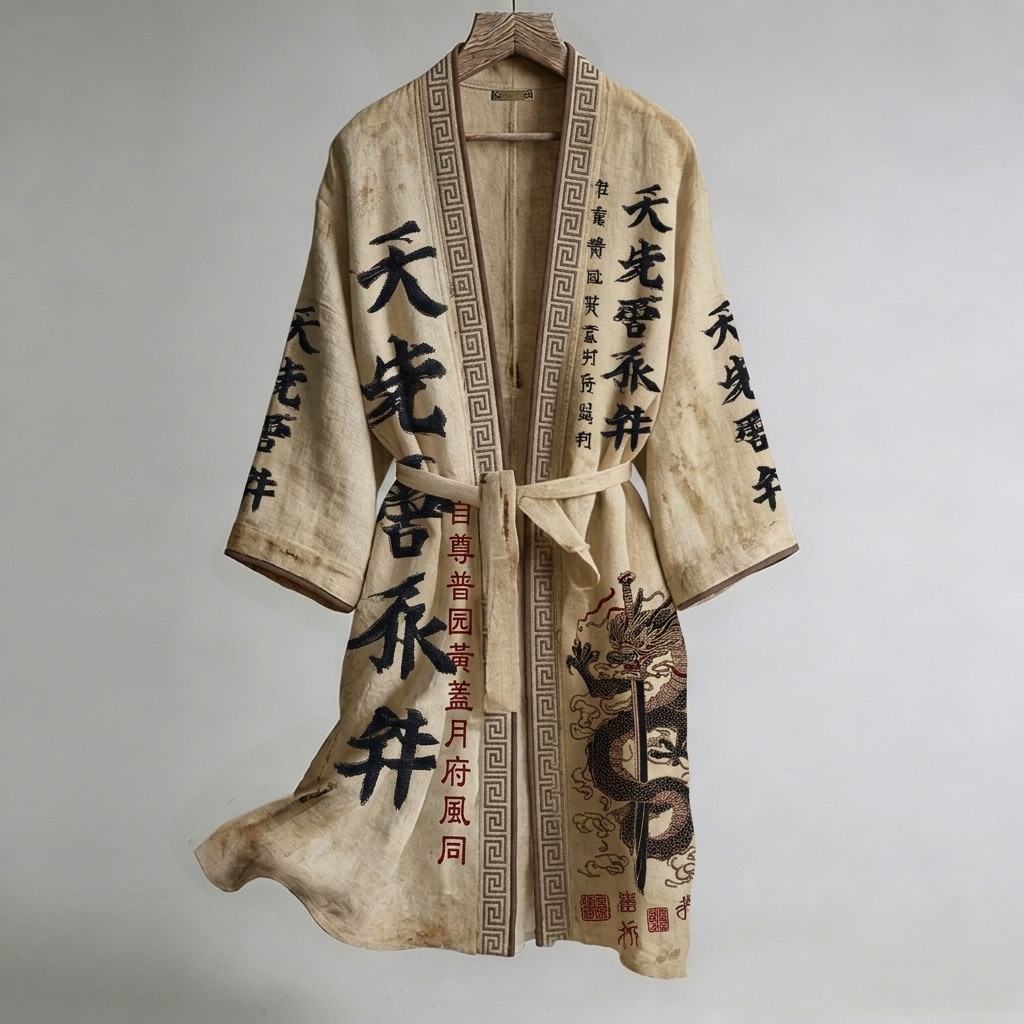 Retro Japanese Dragon Sword And Calligraphy Art Pattern Linen Blend Kimono  artssus