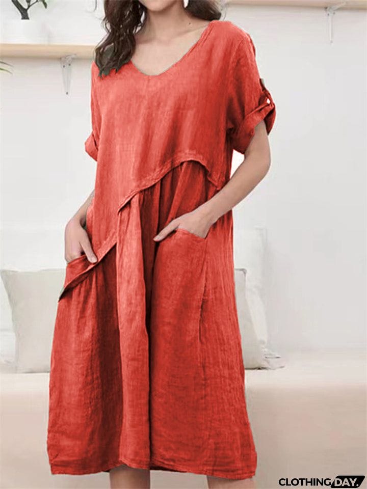 Simple Relaxed Plain V-neck Midi Dress for Women