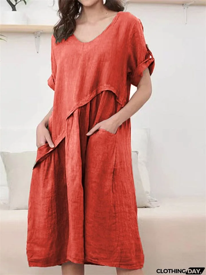 Simple Relaxed Plain V-neck Midi Dress for Women