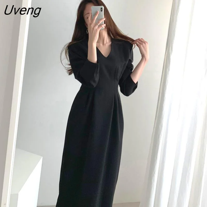 Uveng Spring Autumn Women Solid Black Elegant Office Lady V Neck Fashion Long Korea Chic Dress