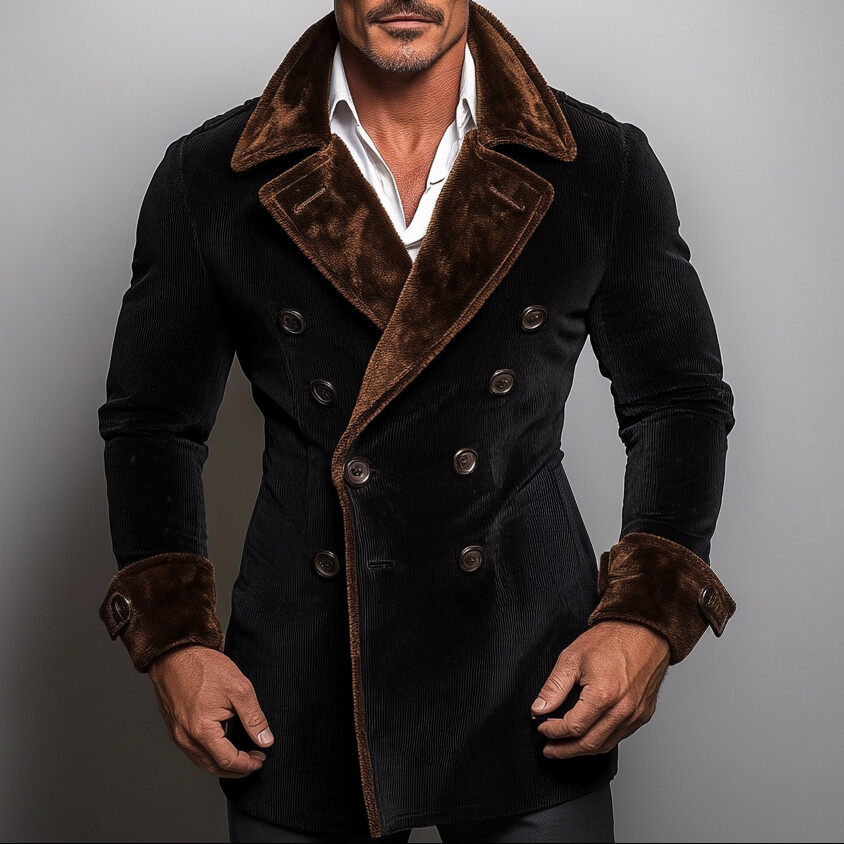 Men's Corduroy Lapel Collar Double Breasted Jacket