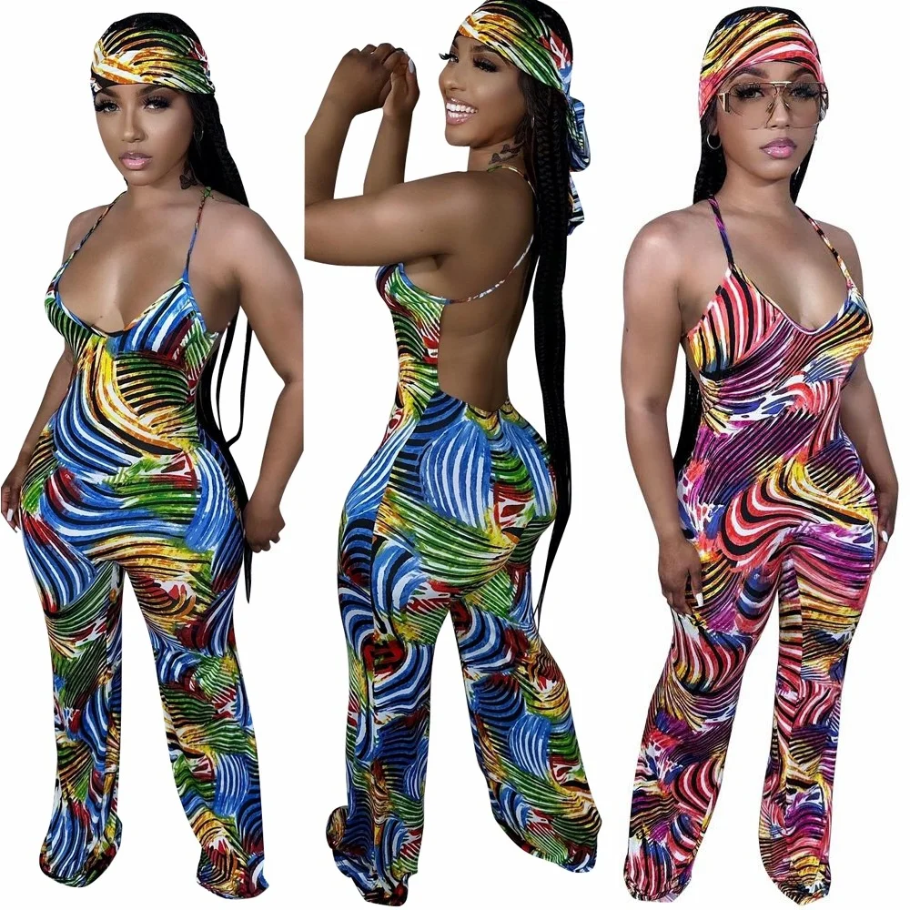 Sleeveless Suspenders Painted Print Backless Long Jumpsuit (Including Headscarf) | IFYHOME