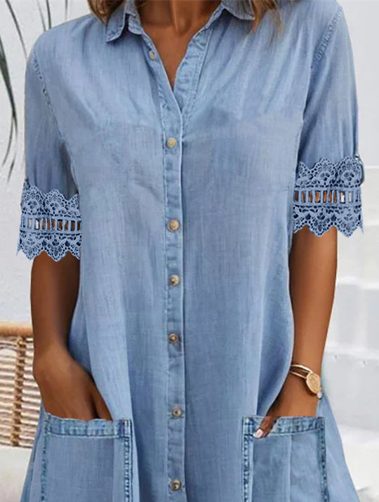 Women Half Sleeve V-neck Solid Color Dress