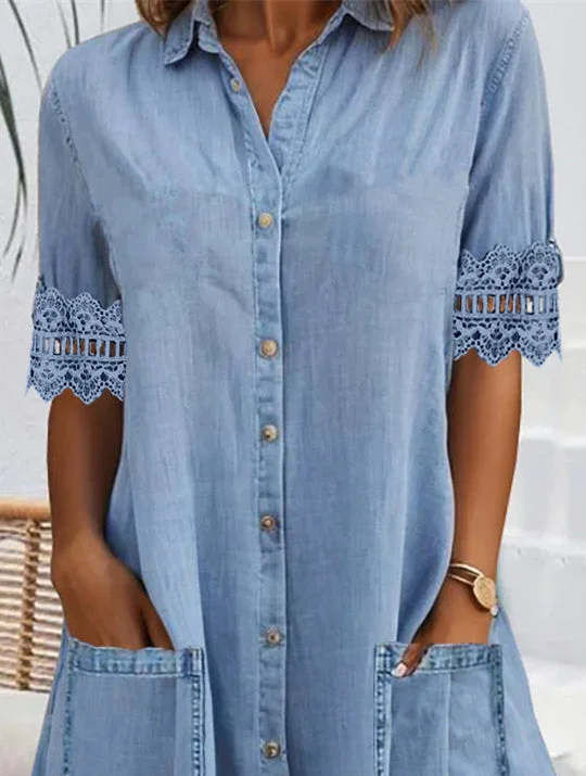 Women Half Sleeve V-neck Solid Color Dress