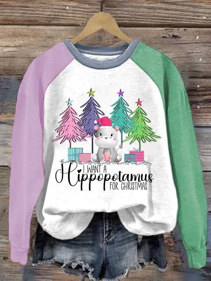 Women's Christmas I Want A Hippopotamus For Christma Casual Printed Sweatshirt