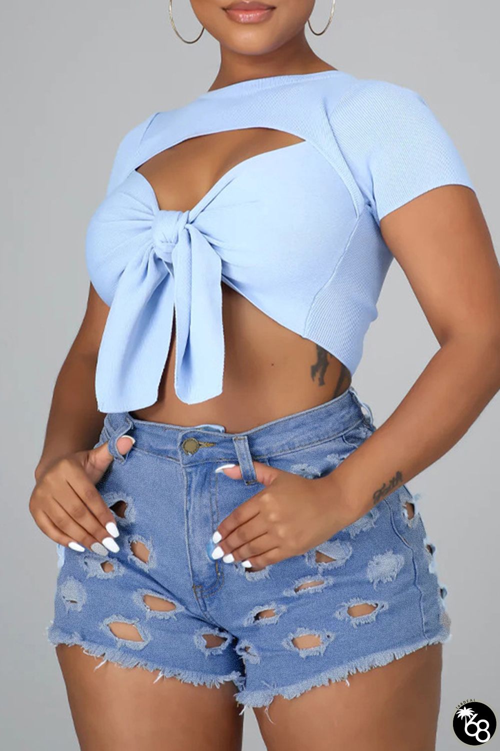 Light Blue Street Solid Hollowed Out Pocket Buttons Zipper Mid Waist Skinny Denim Shorts | 168DEAL