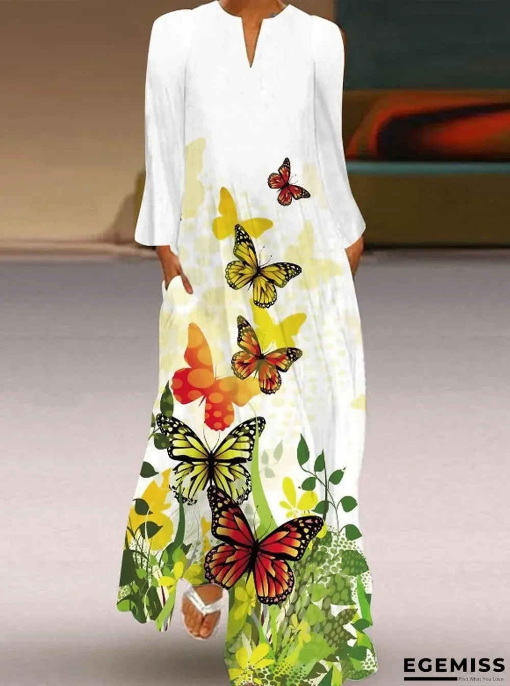 Butterfly Print V-Neck Long Sleeve Dress White Dresses | EGEMISS