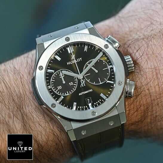 Hublot Classic Fusion Black Dial Steel Bezel Replica on the man wrist