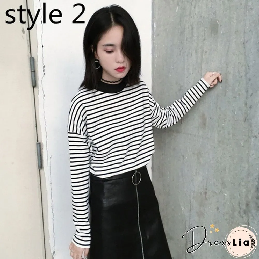 Women Turtleneck Korean Style Crop Top Long Sleeve Striped Tops Female Shirt Casual Harajuku Tops