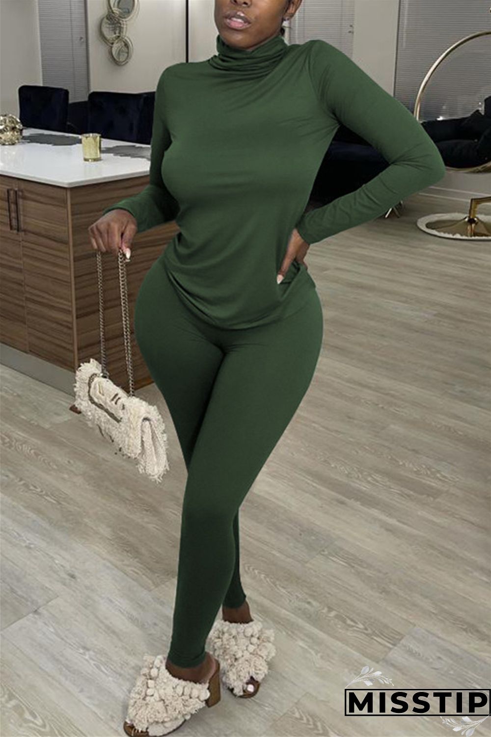 Tibetan Blue Casual Solid Basic Turtleneck Long Sleeve Two Pieces