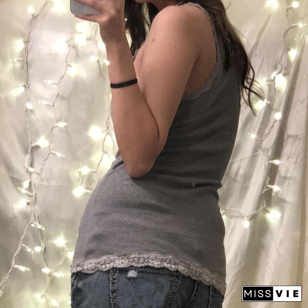 Hirigin Y2K Grey Lace Crop Top V Neck Strap Cute Sweet Mini Vest Backless Vintage Women Basic Corset Sweats Summer Party Tee