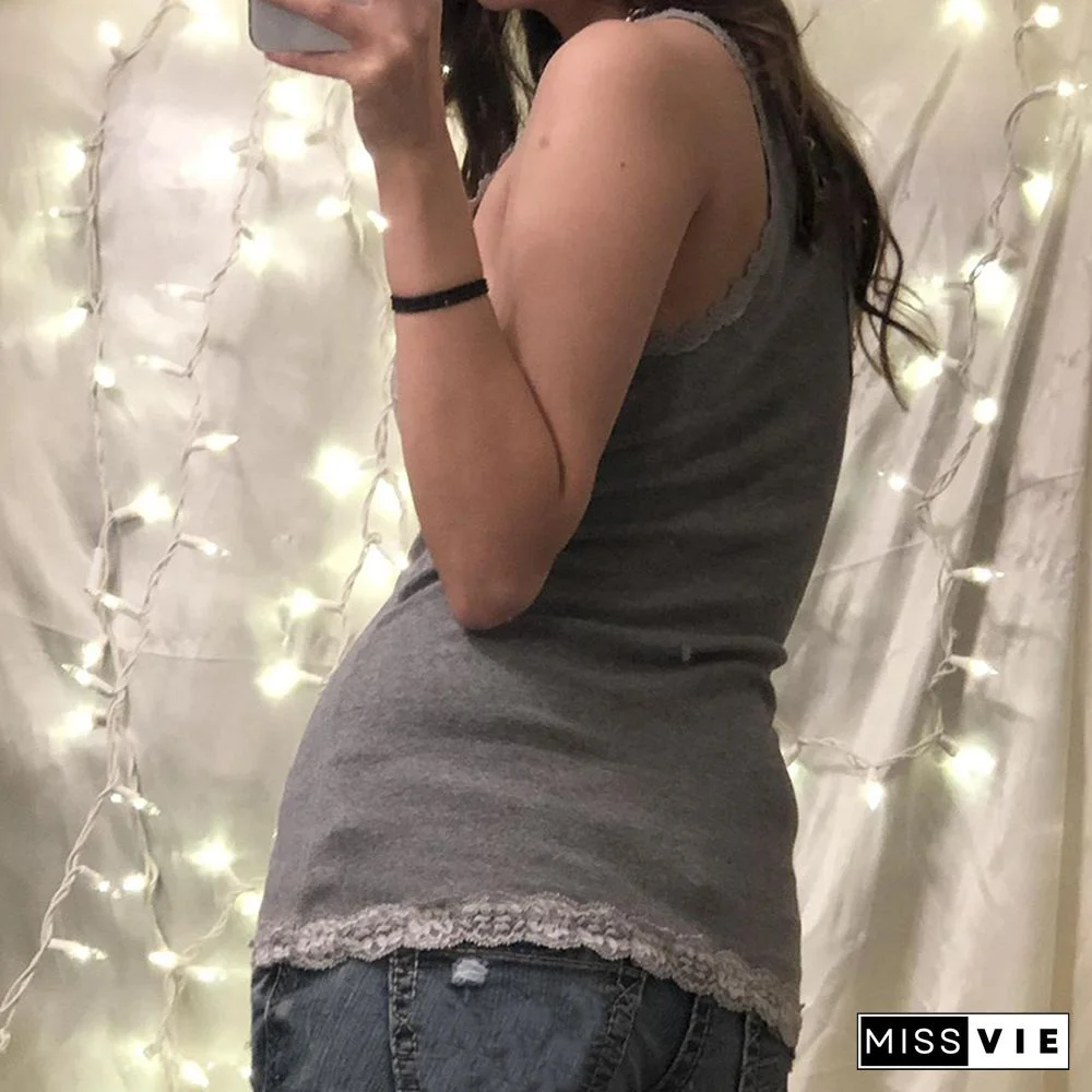 Hirigin Y2K Grey Lace Crop Top V Neck Strap Cute Sweet Mini Vest Backless Vintage Women Basic Corset Sweats Summer Party Tee