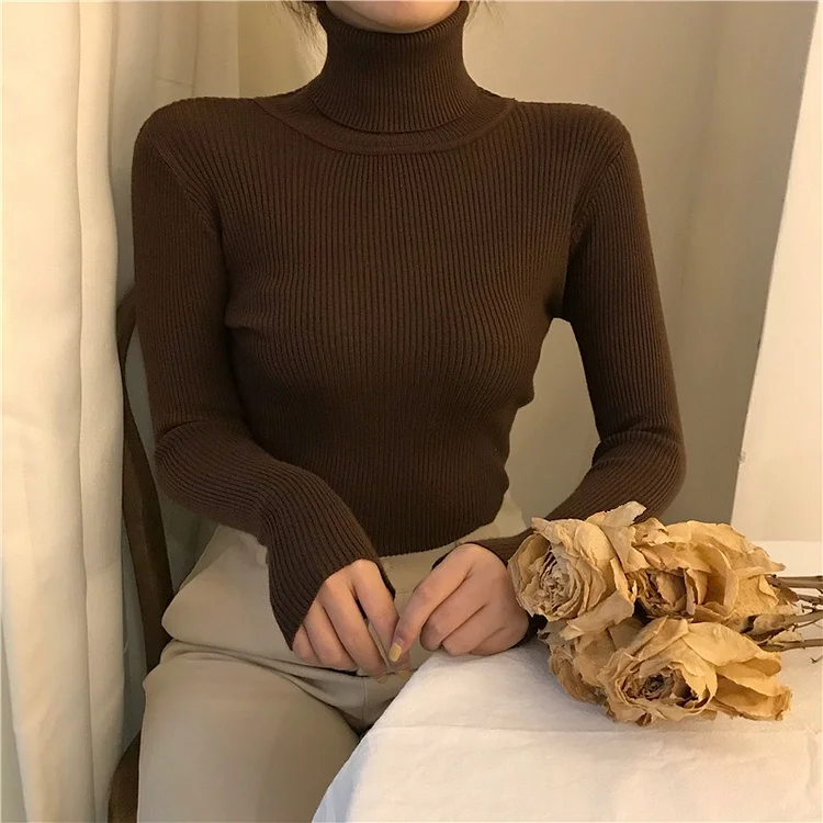 2022 Ladies Solid Color Slim Turtleneck Warm Sweater