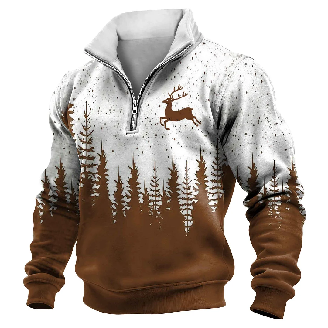 Men's Vintage Christmas Tree And Reindeer Print 1/4 Zip-Up Stand Collar Sweatshirt-inspireuse