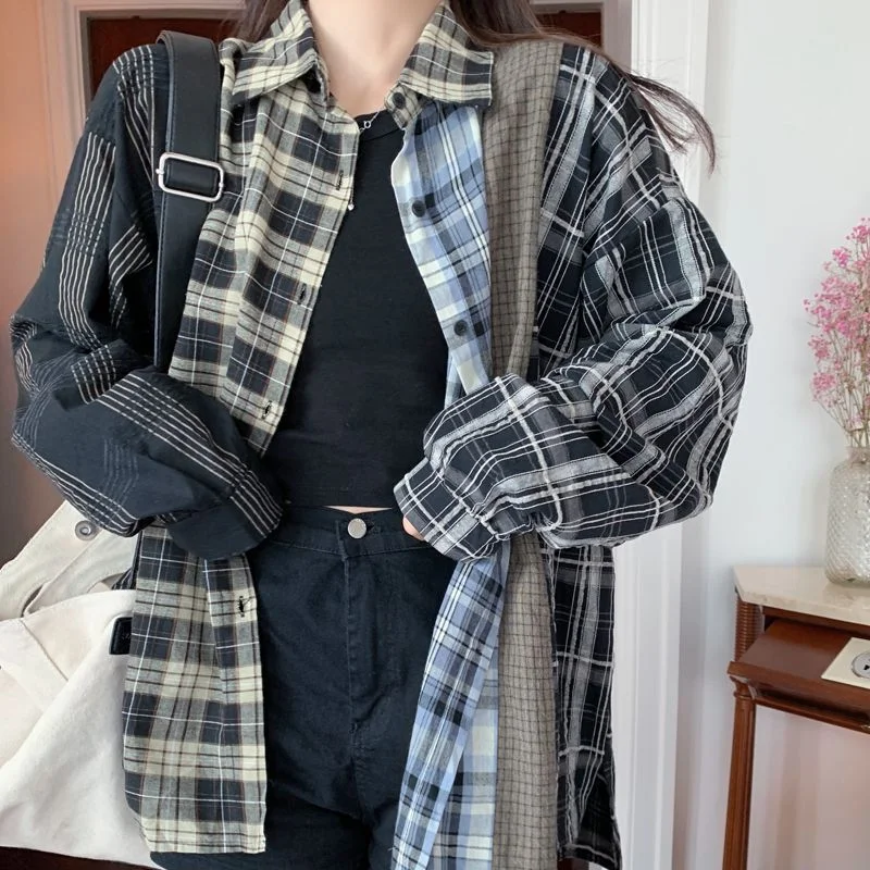 Back to School Vintage Patchwork Harajuku Oversized Shirt Men And Women Street Long Sleeve Lapel Autumn Blouse Casual Chic Button Plaid Shirt
